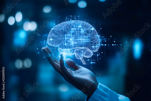 A doctor carefully examines a virtual x-ray projection with focused attention. The integration of advanced technology in medical diagnostics. Generative AI.
