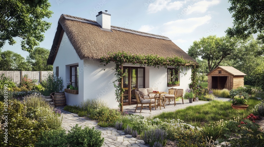 A compact farmhouse with a thatched roof, whitewashed walls, and ivy climbing up the exterior. Inside, the design is cozy, with a wood-burning stove, small kitchen, and vintage decor. A compact farmhouse with a thatched roof, whitewashed walls, and ivy climbing up the exterior. Inside, the design is cozy, with a wood-burning stove, small kitchen, and vintage decor.