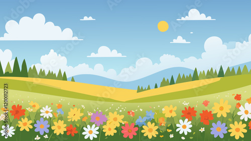 Colorful flower field under a bright sunny sky with rolling mountains in the background on a peaceful day