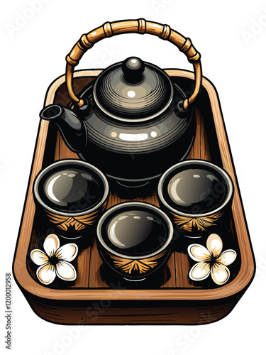 A meticulously arranged Japanese tea ceremony set featuring a traditional teapot, cups, and accessories.