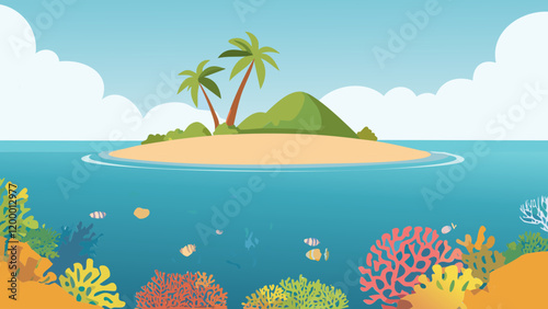 Beautiful tropical island surrounded by vibrant coral reef under a bright blue sky with palm trees in the background