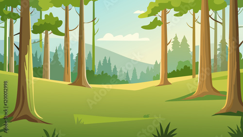 Lush green forest landscape with rolling hills and bright sky during daylight hours