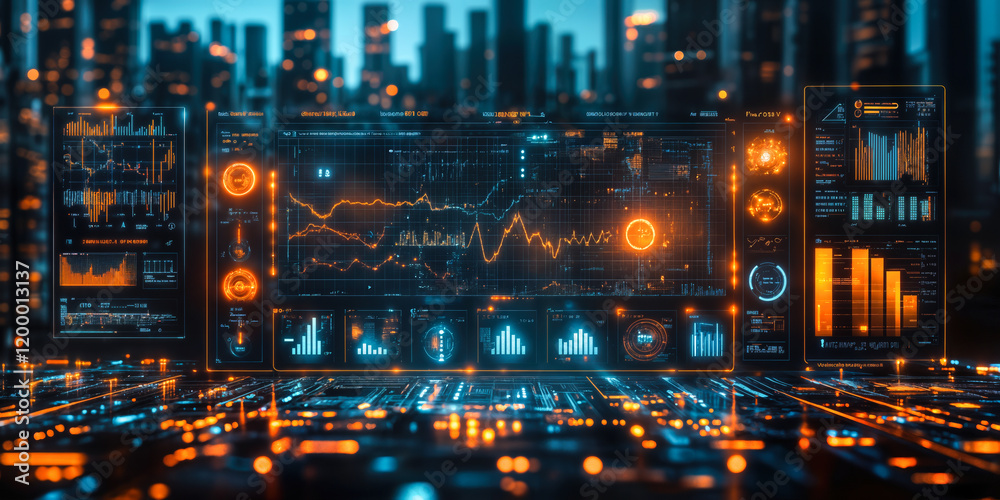Fototapeta premium Advanced Data Analytics Dashboard Visualizing Complex Marketing Insights in Futuristic Cityscape