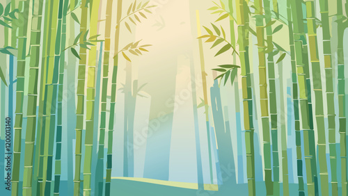 Lush bamboo forest with soft light filtering through leaves at dawn