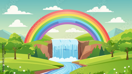 Colorful rainbow arching over a serene waterfall in a vibrant green landscape with rolling hills and fluffy clouds