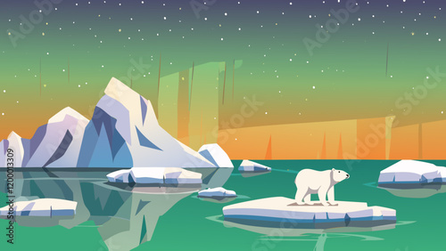 Polar bear on an ice floe with aurora borealis and mountains in a tranquil Arctic landscape at dusk