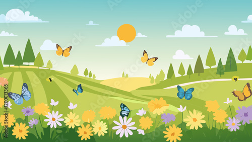Bright spring landscape filled with colorful butterflies and blooming flowers under a sunny sky