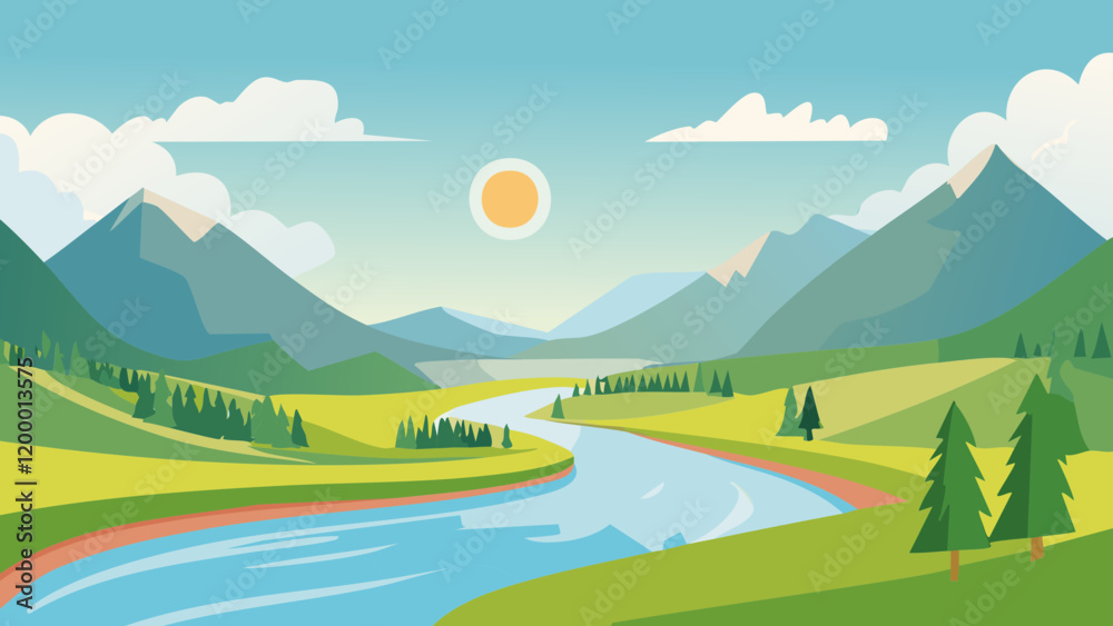 Obraz premium Beautiful landscape with mountains, river, and sun under a clear blue sky on a peaceful day