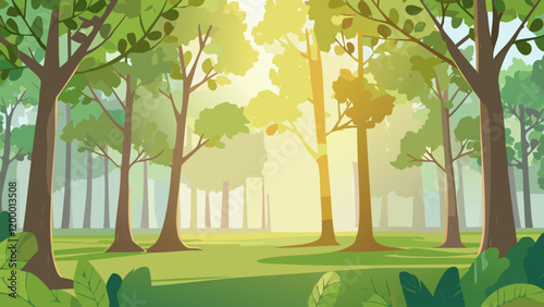 Dappled sunlight filters through lush green trees in a serene forest landscape at midday
