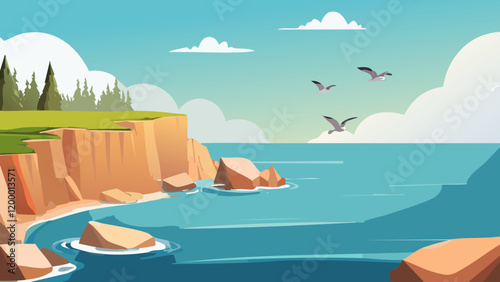 Coastal landscape featuring rocky cliffs and serene ocean under a clear sky with flying birds