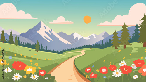 Beautiful scenic view of mountains and flowers during a clear sunny day in a vibrant landscape