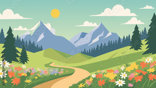Scenic mountain landscape with colorful flowers and a winding path under a bright sun