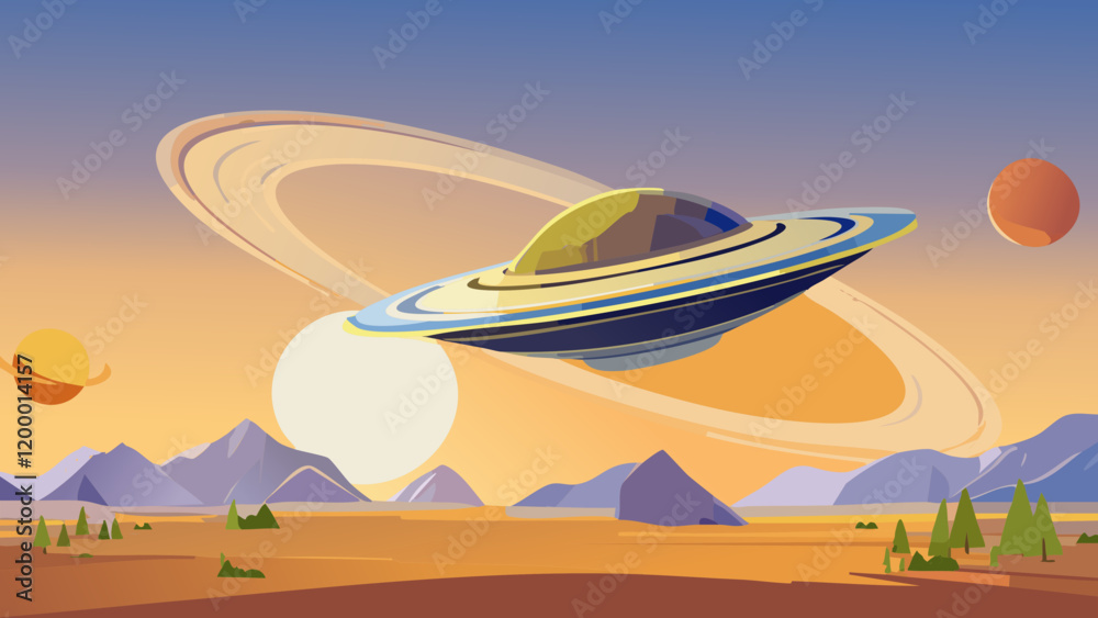 Colorful depiction of a spaceship near Saturn with mountains and planets in a twilight sky Colorful depiction of a spaceship near Saturn with mountains and planets in a twilight sky