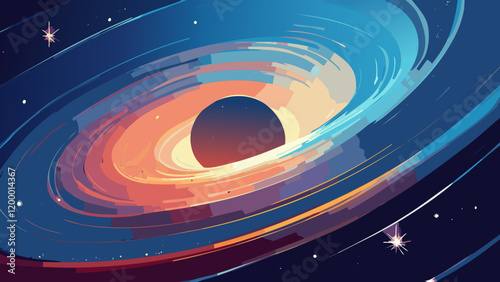 Swirling colors in a cosmic vortex amidst stars and galaxies in deep space
