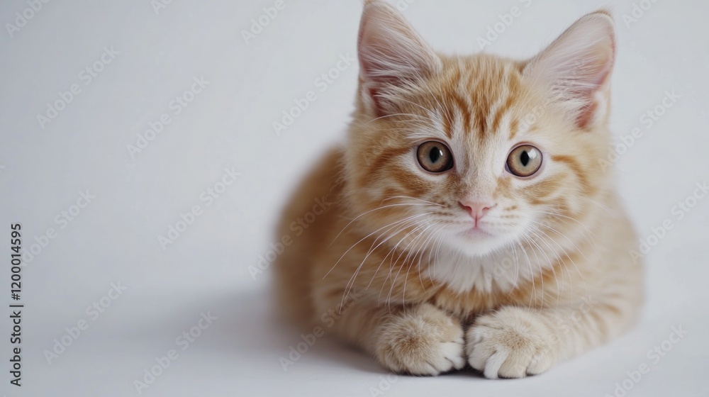 Small orange kitten sits on a white surface, ready for capture Small orange kitten sits on a white surface, ready for capture