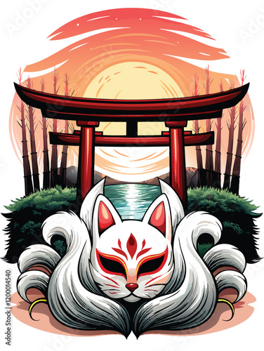 A majestic kitsune, adorned with a crimson mask, stands gracefully amidst the waves. Its multiple tails ripple in the ocean breeze, hinting at its ancient power.