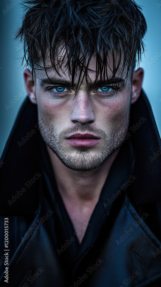 Obraz premium Man with piercing blue eyes in a structured black trench coat, exuding power and mystery