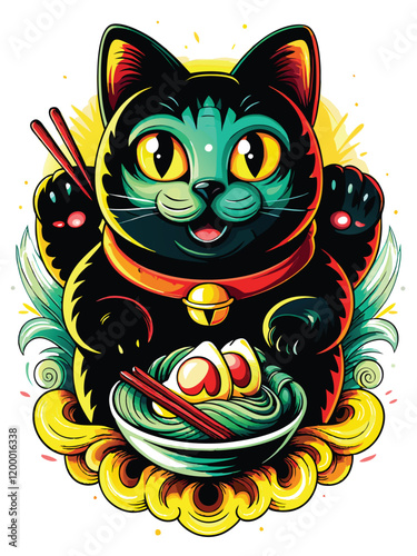 A playful maneki neko, a Japanese lucky cat, holds a plate of delicious sushi, inviting diners with a charming smile.