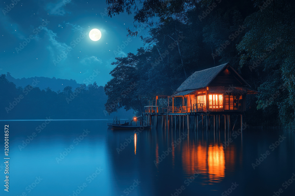 Fototapeta premium Boathouse surrounded by twinkling lights on the water under a starry night sky.