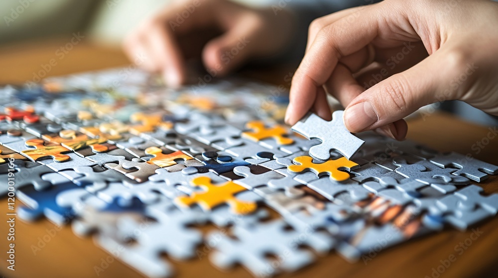 Closeup Hands Solving Jigsaw Puzzle Game Pieces Closeup Hands Solving Jigsaw Puzzle Game Pieces
