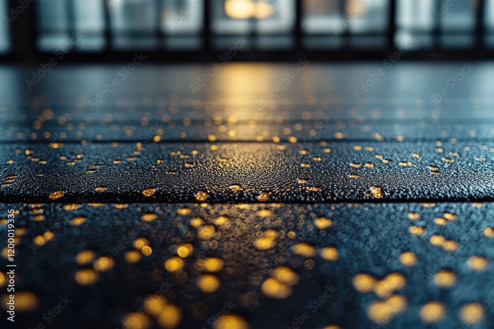A close-up view of a wet floor with a building in the background, ideal for use in scenes where water or mess is present A close-up view of a wet floor with a building in the background, ideal for use in scenes where water or mess is present