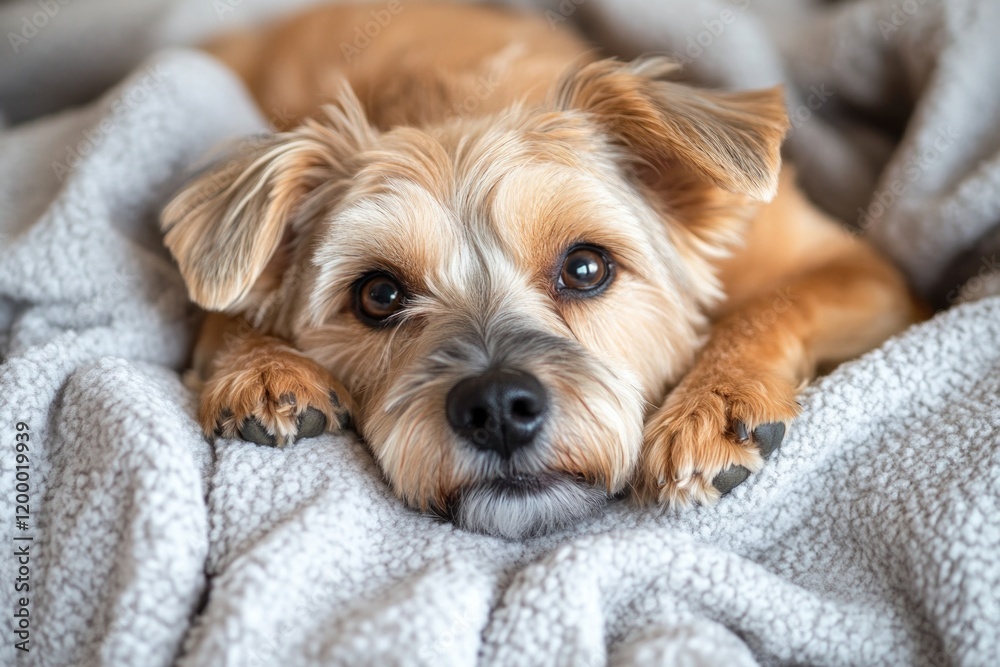 A brown dog resting on a cozy blanket A brown dog resting on a cozy blanket