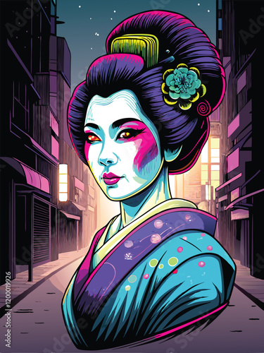 A modern geisha with neon makeup and a vibrant kimono, her eyes accentuated with glowing lines, stands against a backdrop of a dazzling neon-lit cityscape.