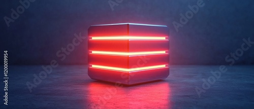 Futuristic cube with glowing red lights in a dark environment, showcasing innovative design and advanced technology.