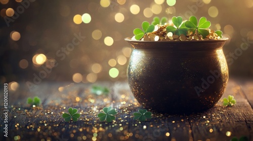 Festive gold pot shamrocks bokeh St. Patrick's Day celebration