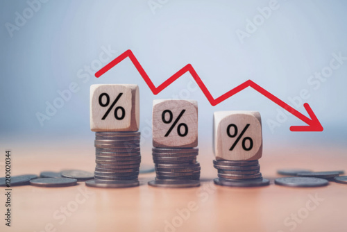 Percentage sign on wooden cubes with Stack of coin bar chart and red graph trending downwards on white background. Economy recession crisis, inflation, stagflation, business and financial loss concept
