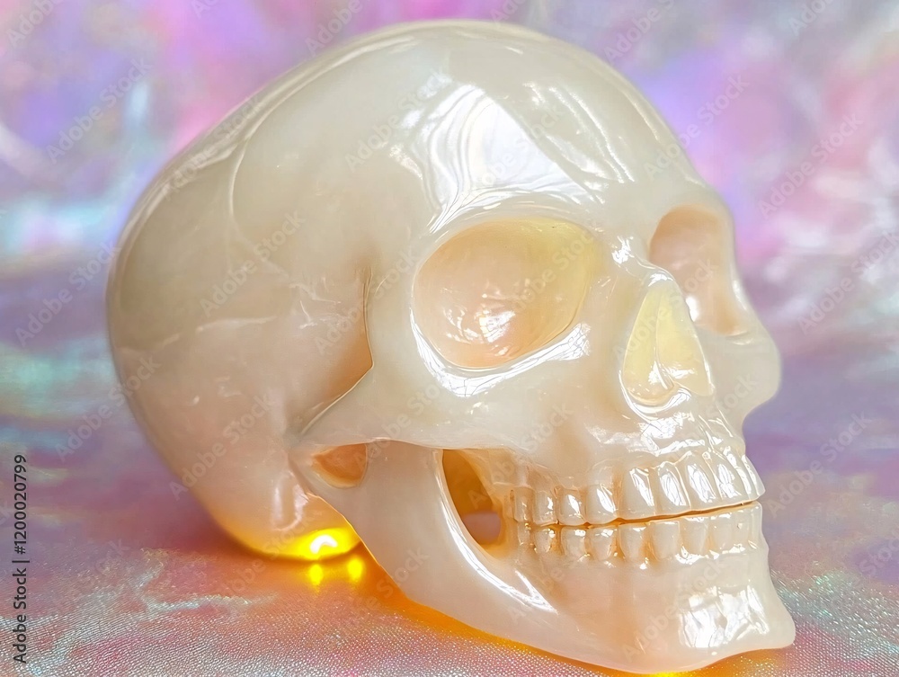 Fototapeta premium Glowing Pearl Human Skull Model on Iridescent Background