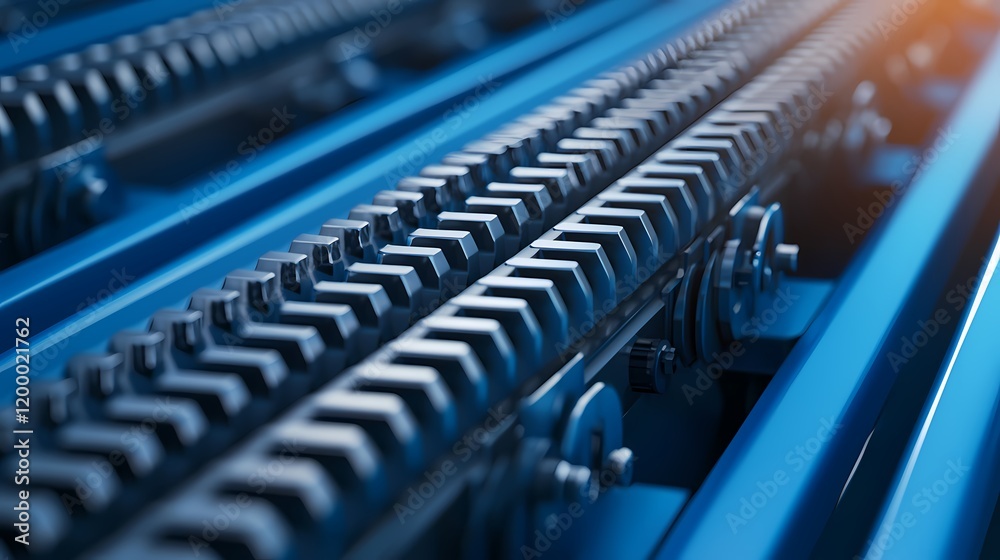 Close-up view of mechanical components, featuring a blue conveyor system with interlocked gears and a glowing light effect. Close-up view of mechanical components, featuring a blue conveyor system with interlocked gears and a glowing light effect.