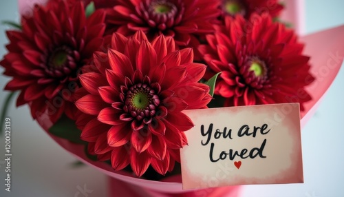 Vibrant Red Bouquet and Greeting Card: You Are Loved Against Blurred Background