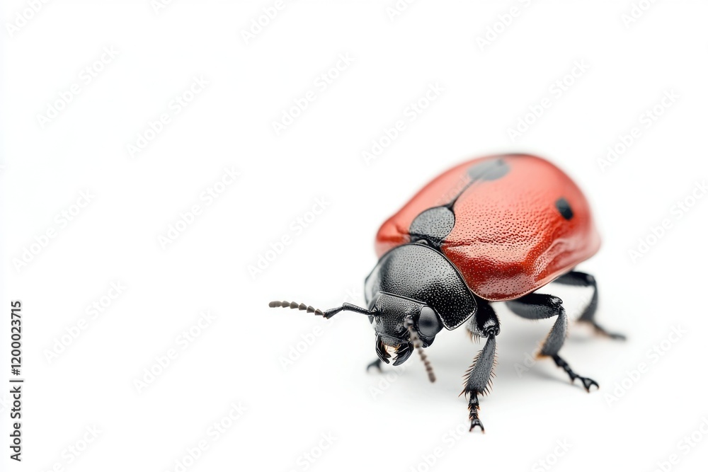 A close-up image of a small red and black bug sitting on a white surface A close-up image of a small red and black bug sitting on a white surface