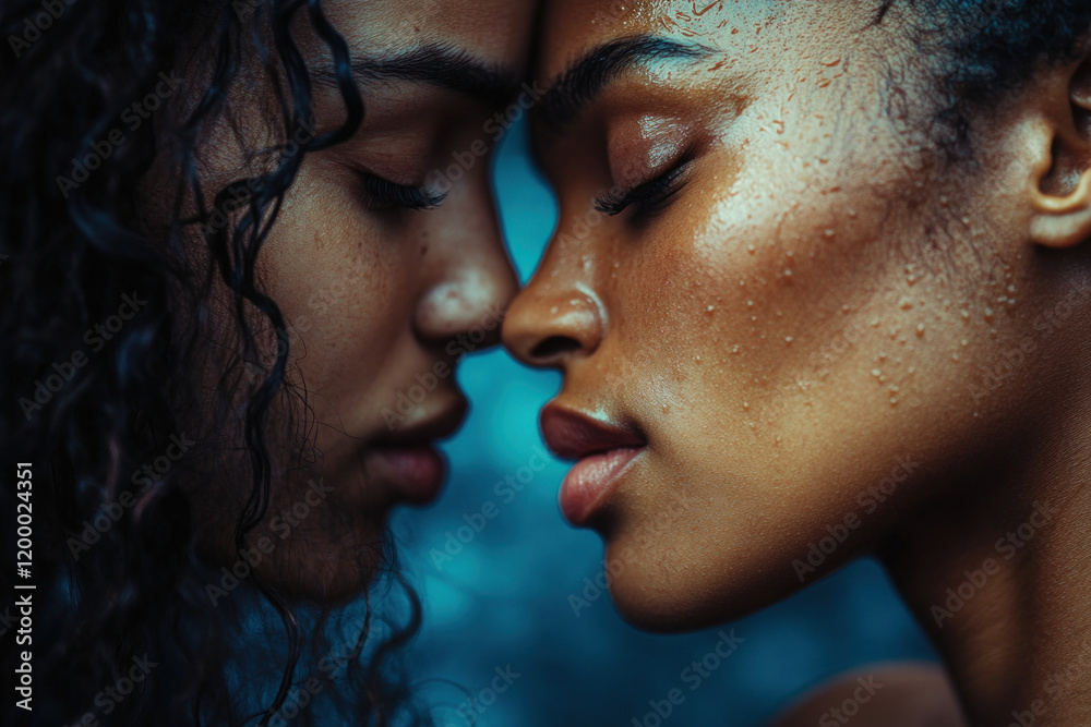 Two women with wet skin laughing under a waterfall in a lush green jungle setting.