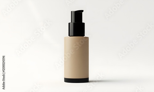Beige cosmetic bottle with black pump dispenser on white background.
