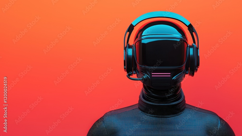 AI Virtual Assistant and communication concept. Futuristic figure with a headset against a vibrant orange background. AI Virtual Assistant and communication concept. Futuristic figure with a headset against a vibrant orange background.