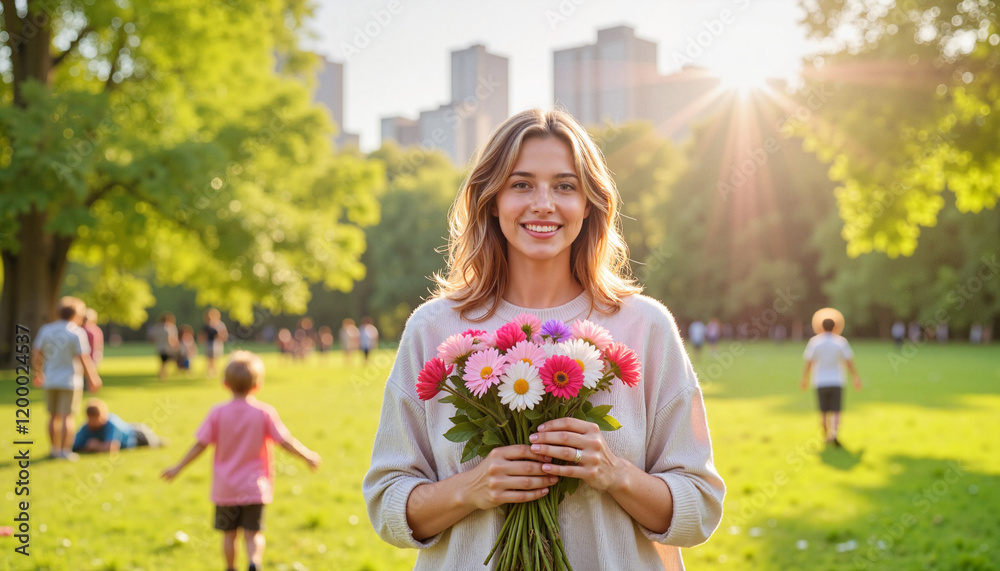 Fototapeta premium Smiling woman holding bouquet of flowers in sunny park, celebration of joy