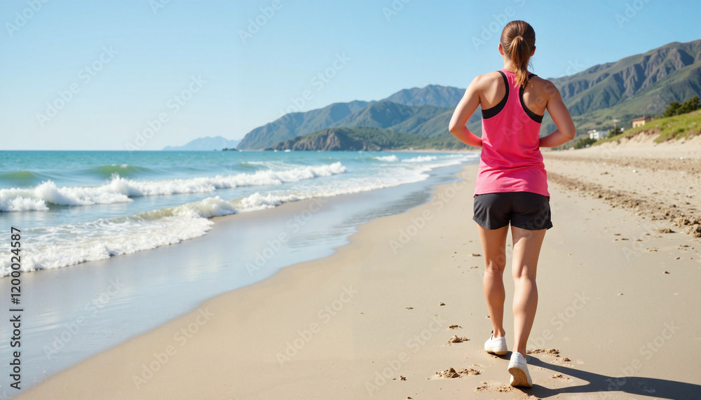 Athletic woman running on the beach during daylight, fitness motivation Athletic woman running on the beach during daylight, fitness motivation