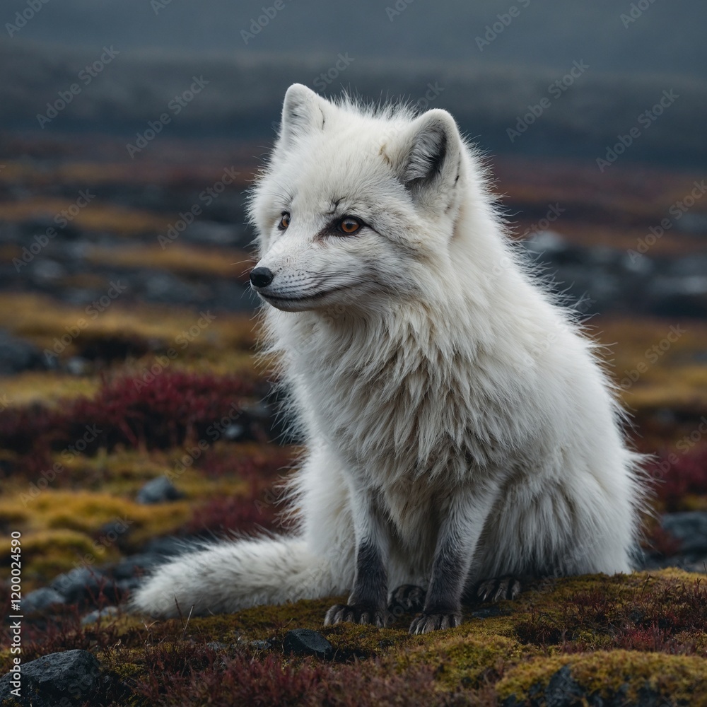 A fluffy Arctic fox with a white coat sitting on colorful mossy tundra. A fluffy Arctic fox with a white coat sitting on colorful mossy tundra.