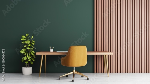 A modern workspace featuring a green wall, wooden accents, an orange chair, and a potted plant, creating a stylish and inviting atmosphere.