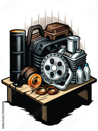 A close-up view of an engine being meticulously rebuilt on a workbench, surrounded by tools and parts.