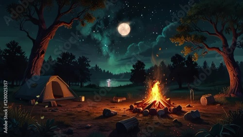 camping under the trees with a campfire at night. seamless looping 4k video background animation