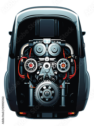 A detailed exploded view of a sports car engine showing all the components and their arrangement.