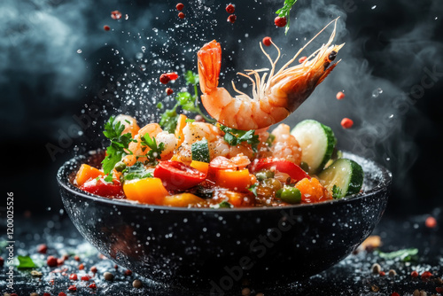 Shrimp salad: colorful mix of fresh veggies & spices atop juicy shrimp, a tantalizing and nutritious dish served in a bowl on a wooden table. photo