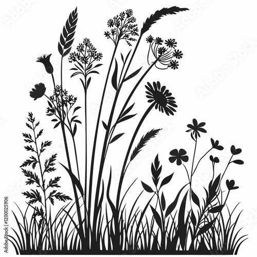 Wildflower Meadow vector silhouette black design white background