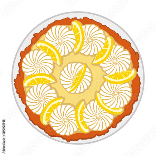 lemon pie with lemon slices and meringues on top, lemon pie top view.