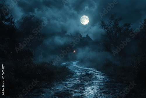 Dark road under a full moon. photo