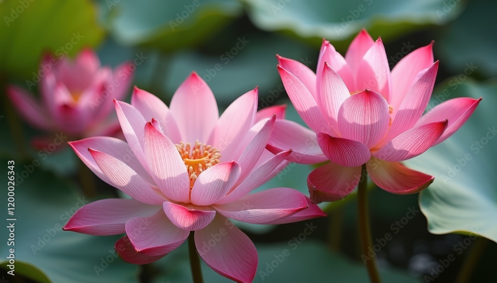 Tranquil Pond with Pink Lotus Flowers Blooming Against Blurred Background Tranquil Pond with Pink Lotus Flowers Blooming Against Blurred Background
