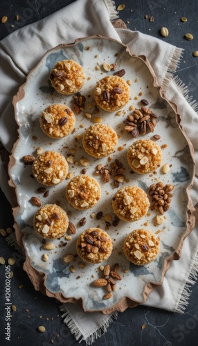 Asymmetric snack display with nut-crusted cheese bites, roasted seed clusters, and spiced nut medleys on an uneven ceramic plate. Elements spill over onto the linen napkin, with dramatic light  photo